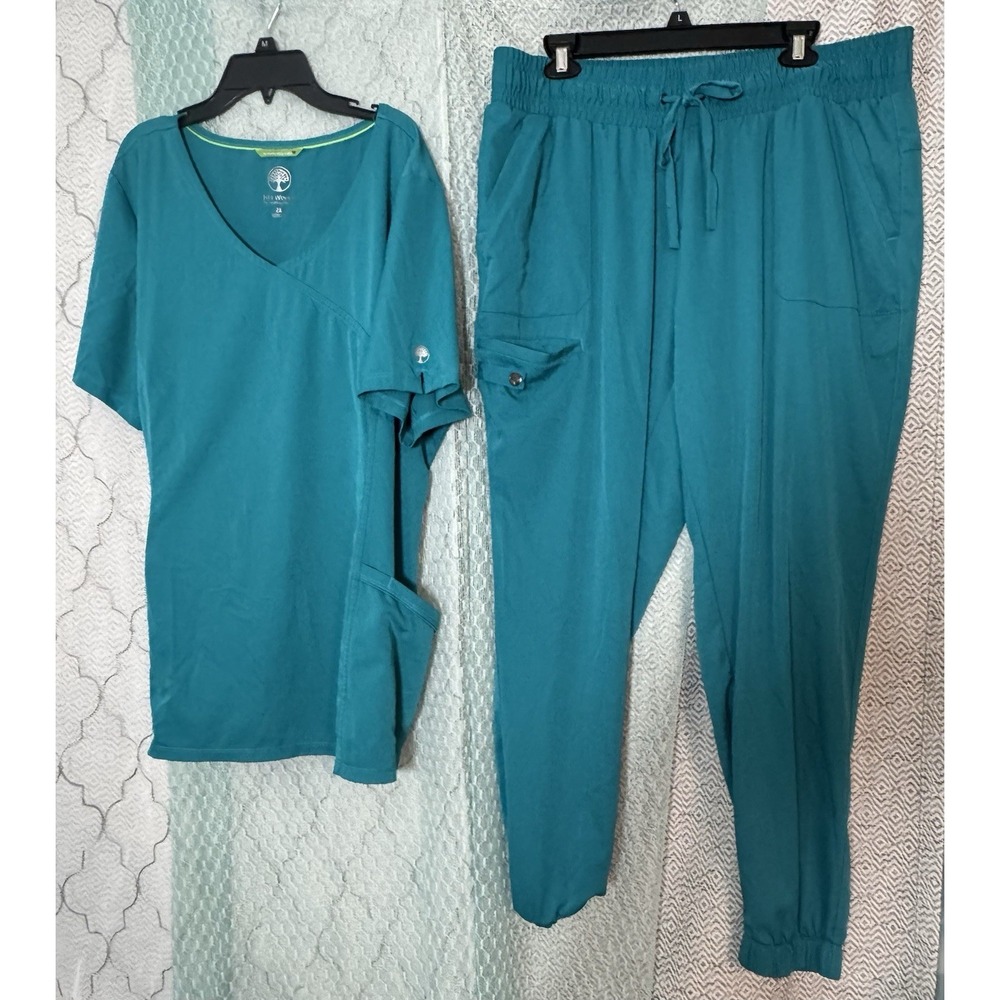 HH Works by Healing Hands Women's Teal Solid Scrub Set V-Neck Top & Pants 2X